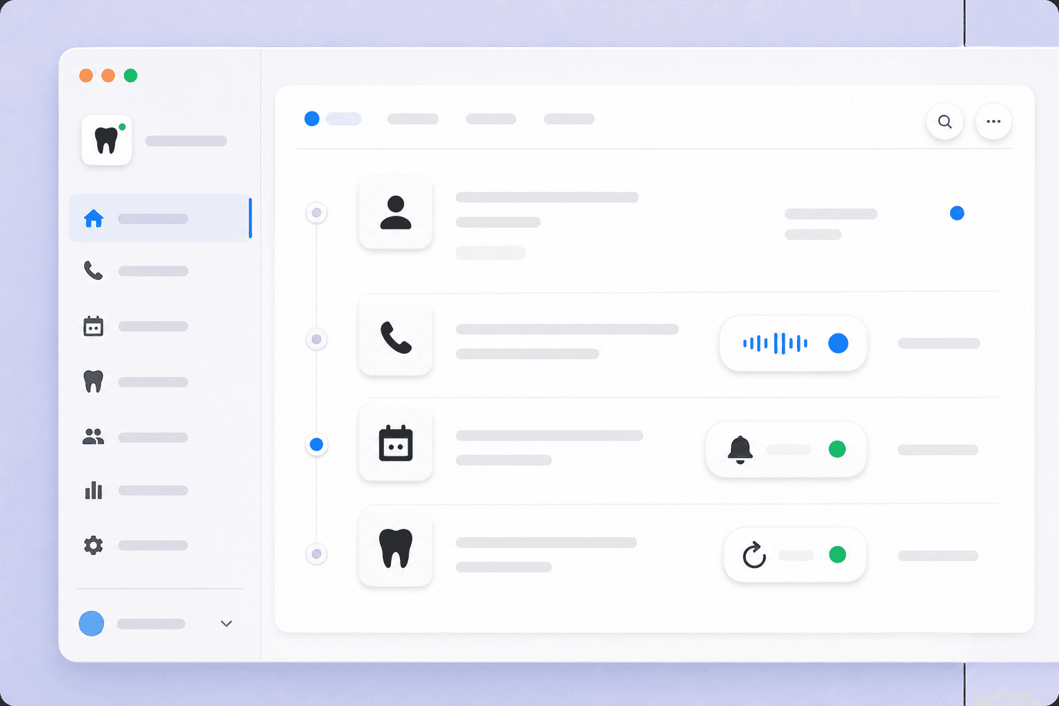 Abstract product workflow for dental calls, reminders, and scheduling