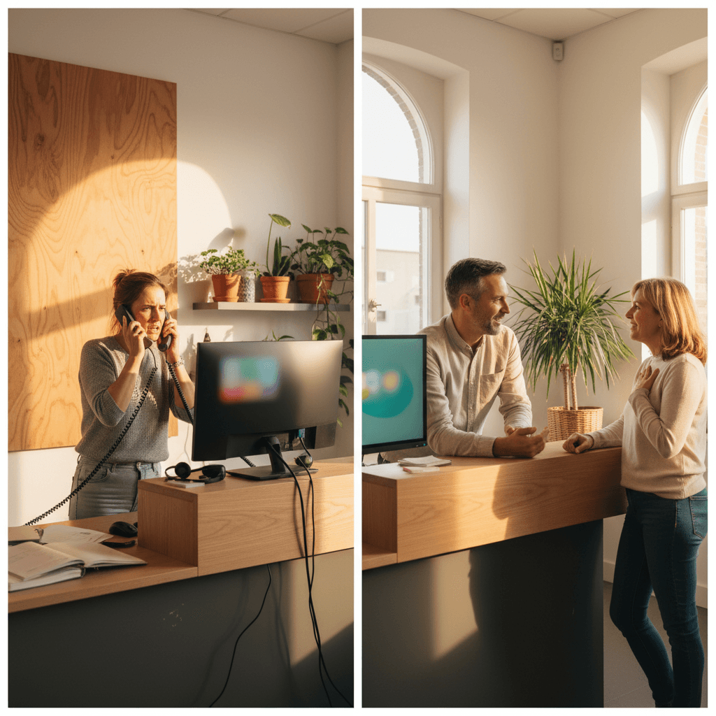 Split image showing a stressed receptionist juggling multiple phone lines on one side, and a calm receptionist having a meaningful conversation with a patient on the other side