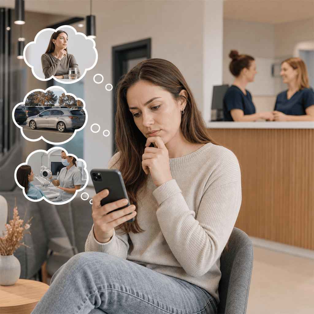 Illustratie van een smartphone met een ongelezen tandarts-reminder, met daarnaast gedachtebubbels die twijfels tonen: 'Moet ik nuchter komen?', 'Waar kan ik parkeren?', 'Wat gaat er precies gebeuren?'