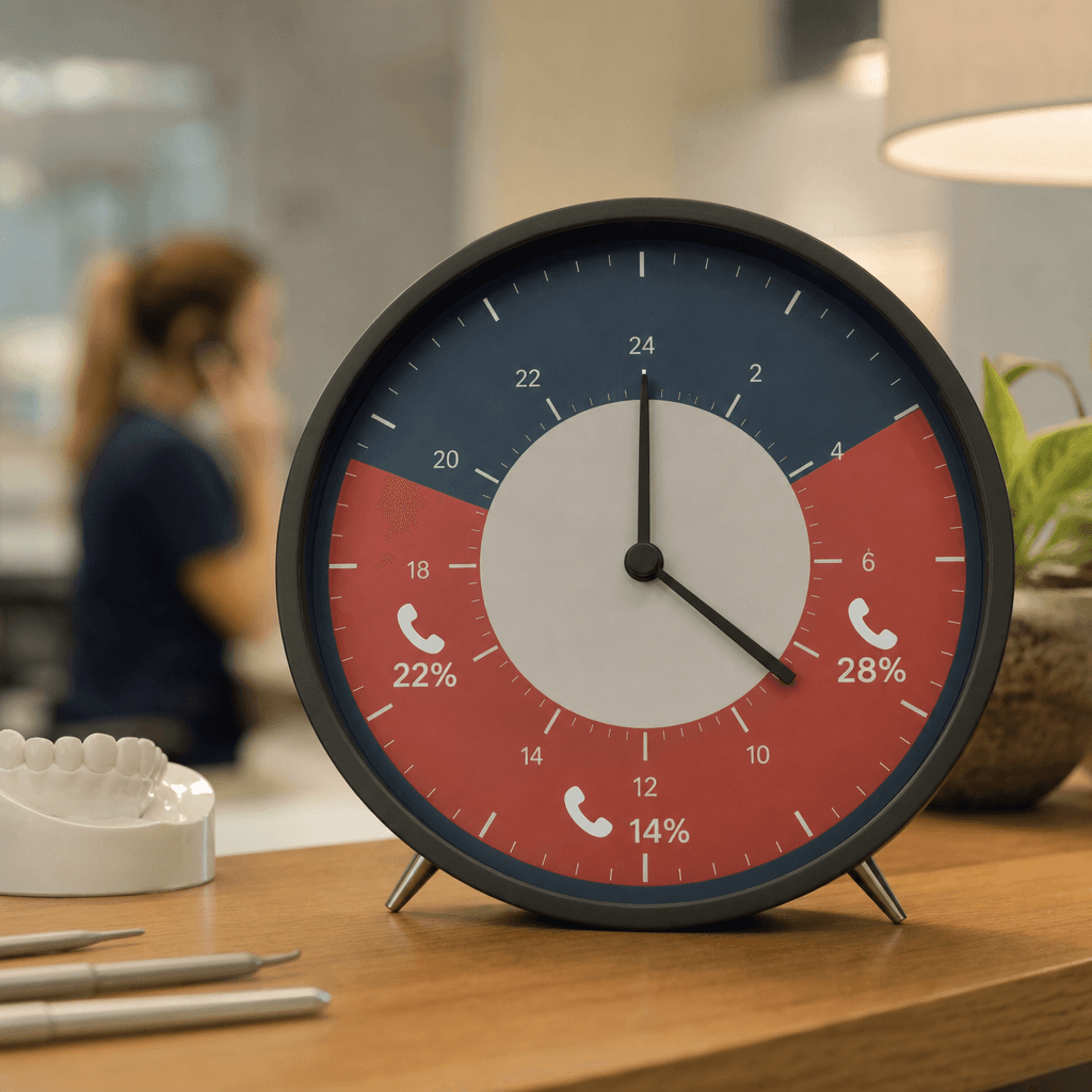 Timeline graphic showing a 24-hour clock with highlighted 'ghost hours' (6pm-8am, weekends) overlaid with call volume percentages and the annotation 'When patients call vs. when you answer'