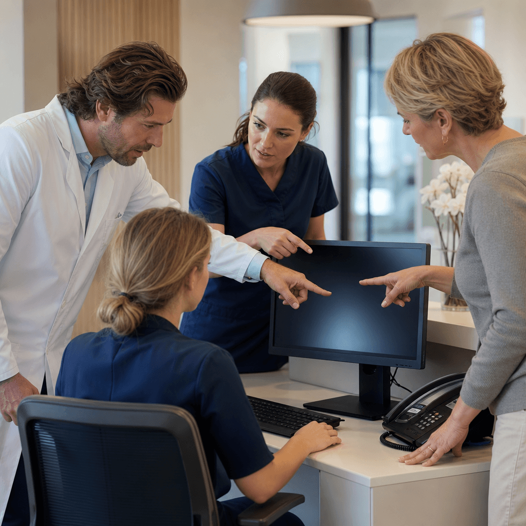Illustratie van een baliedewerker achter een computerscherm, met meerdere pratende hoofden (behandelaar in jas, assistente, praktijkhouder) die allemaal wijzen naar het agendaoverzicht op het scherm