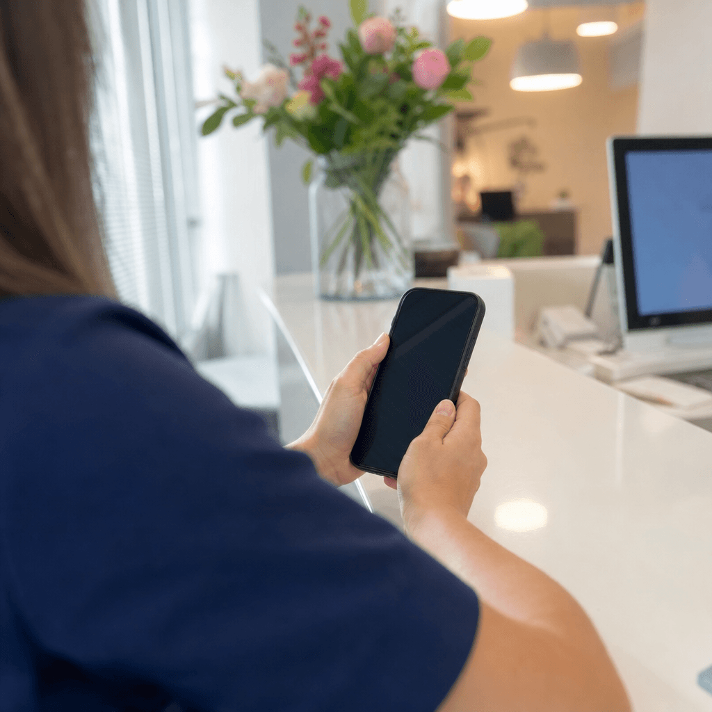 Screenshot-stijl mockup van een WhatsApp-gesprek op een smartphone, met een voorbeeldbericht dat begint met 'Dit is een automatisch bericht van' en een tandartspraktijknaam