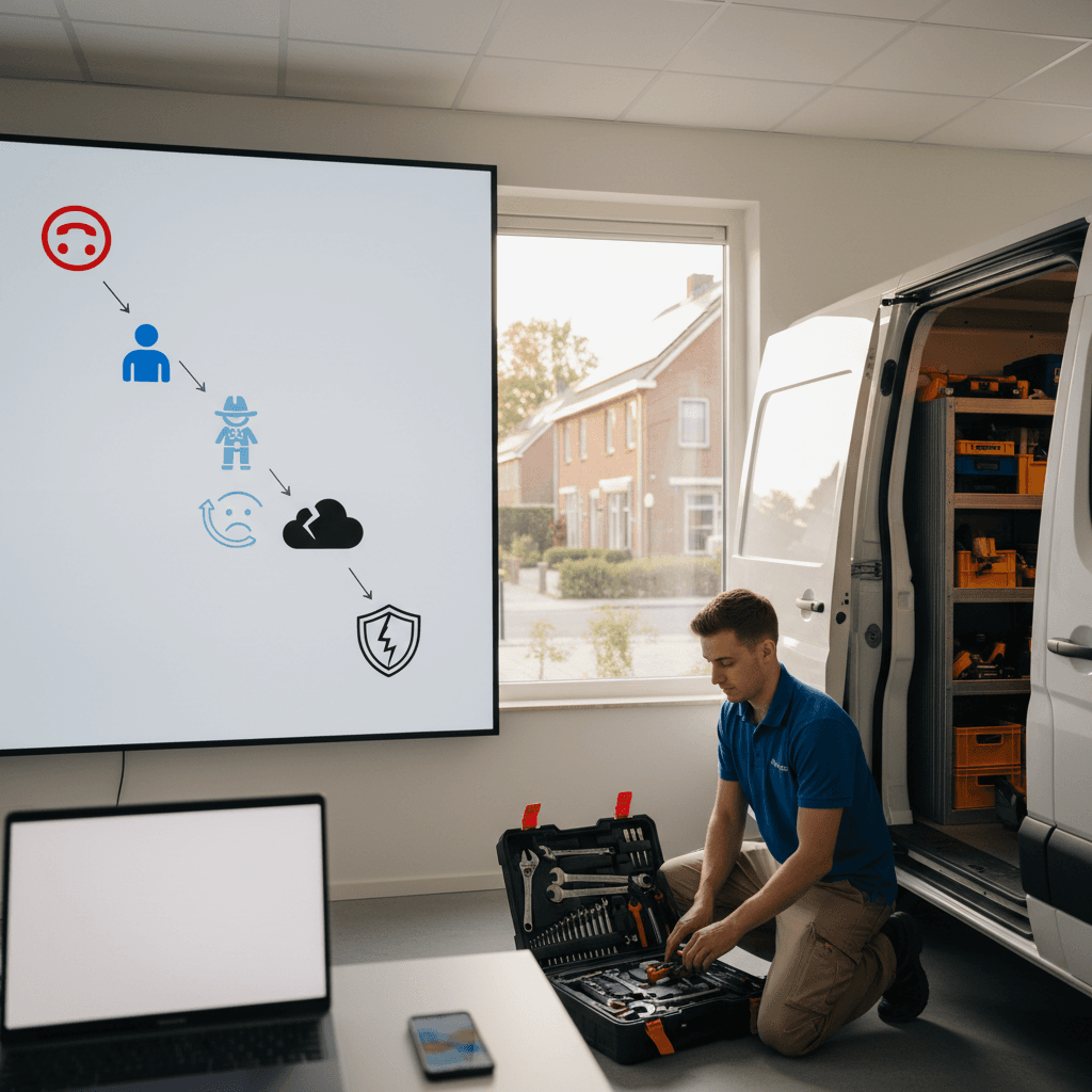 Infographic die de cascade visualiseert: gemiste oproep → wanhopige klant → cowboy-loodgieter → slechte ervaring → negatieve review → reputatieschade voor de hele sector