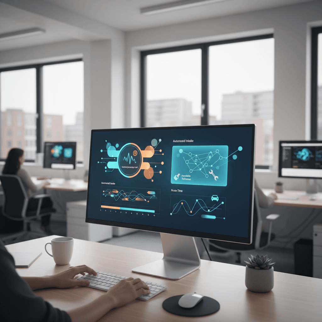 Screenshot-stijl illustratie van een AI-telefonist interface: inkomende spoedoproep om 07:14, automatische intake met probleembeschrijving, en directe koppeling aan beschikbare monteur met routetijd