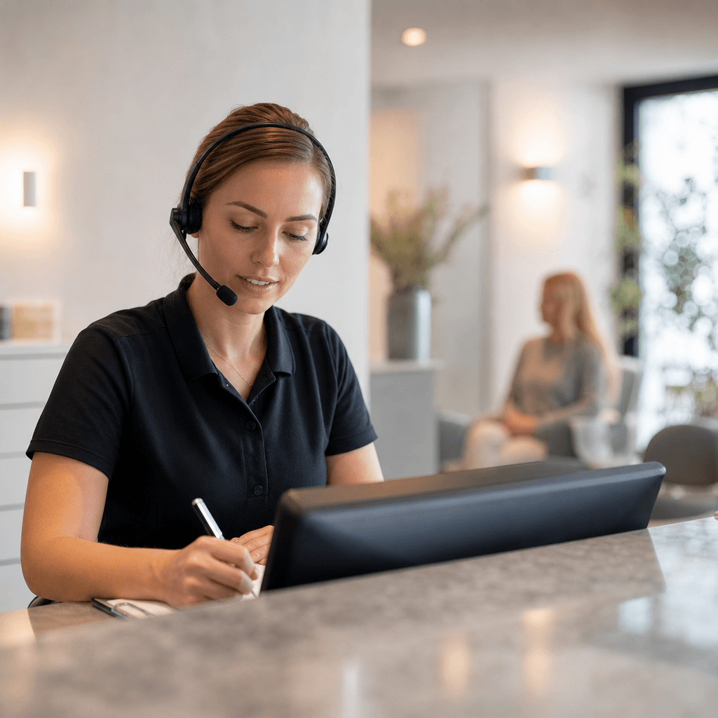 Receptionist med headset, der tager noter mens hun taler i telefon. Rolig, professionel stemning i en tandkliniks reception.