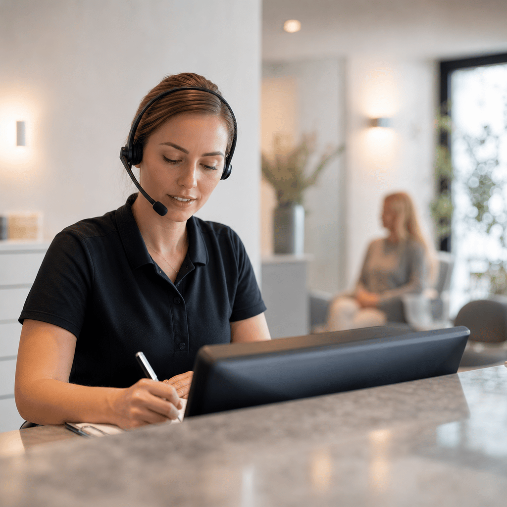 Receptionist med headset, der tager noter mens hun taler i telefon. Rolig, professionel stemning i en tandkliniks reception.