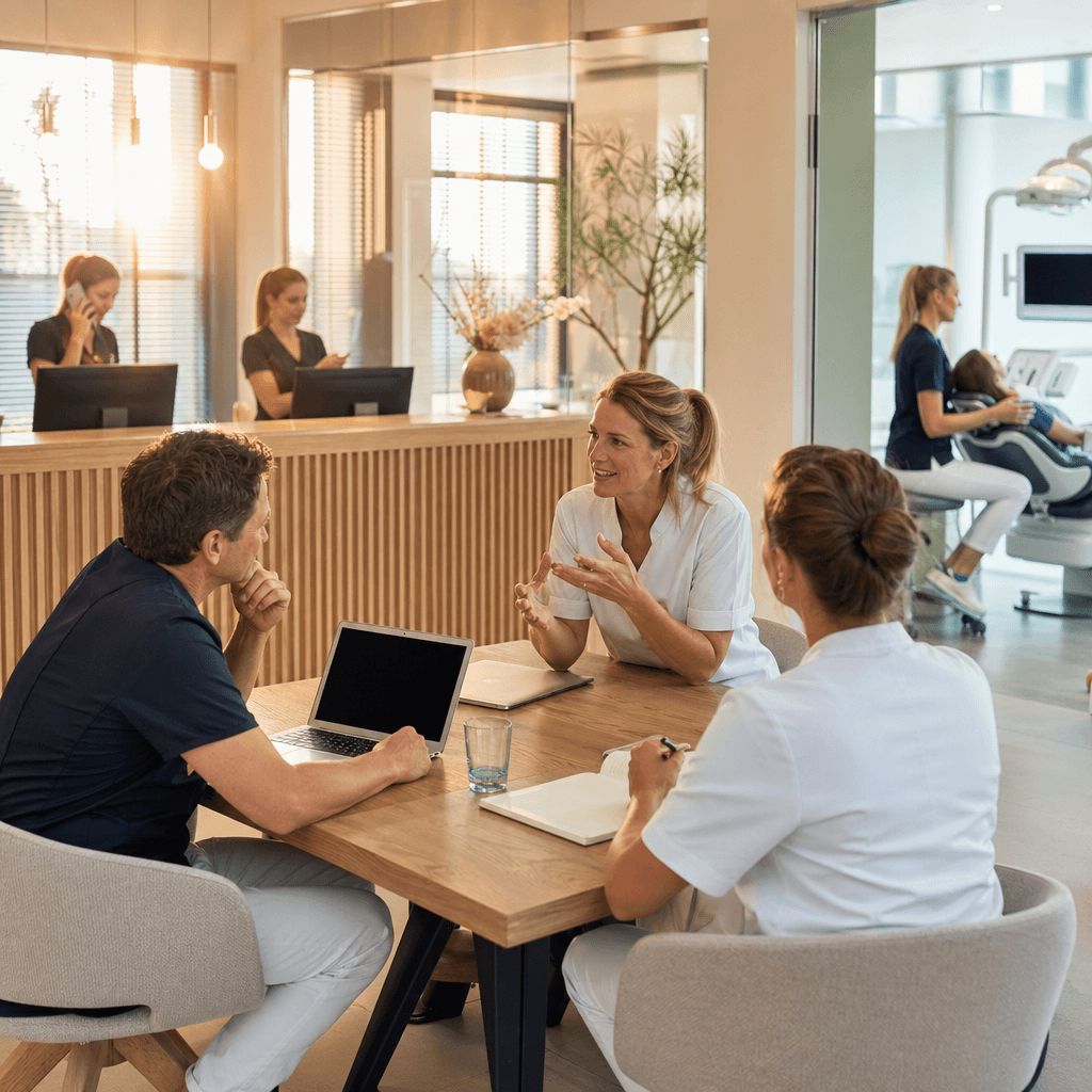 Beslisboom of flowchart die praktijkhouders door keuzes leidt: van praktijktype naar aanbevolen automatiseringsstrategie, met drie eindpunten (recall-focus, bereikbaarheid-focus, volledige integratie)
