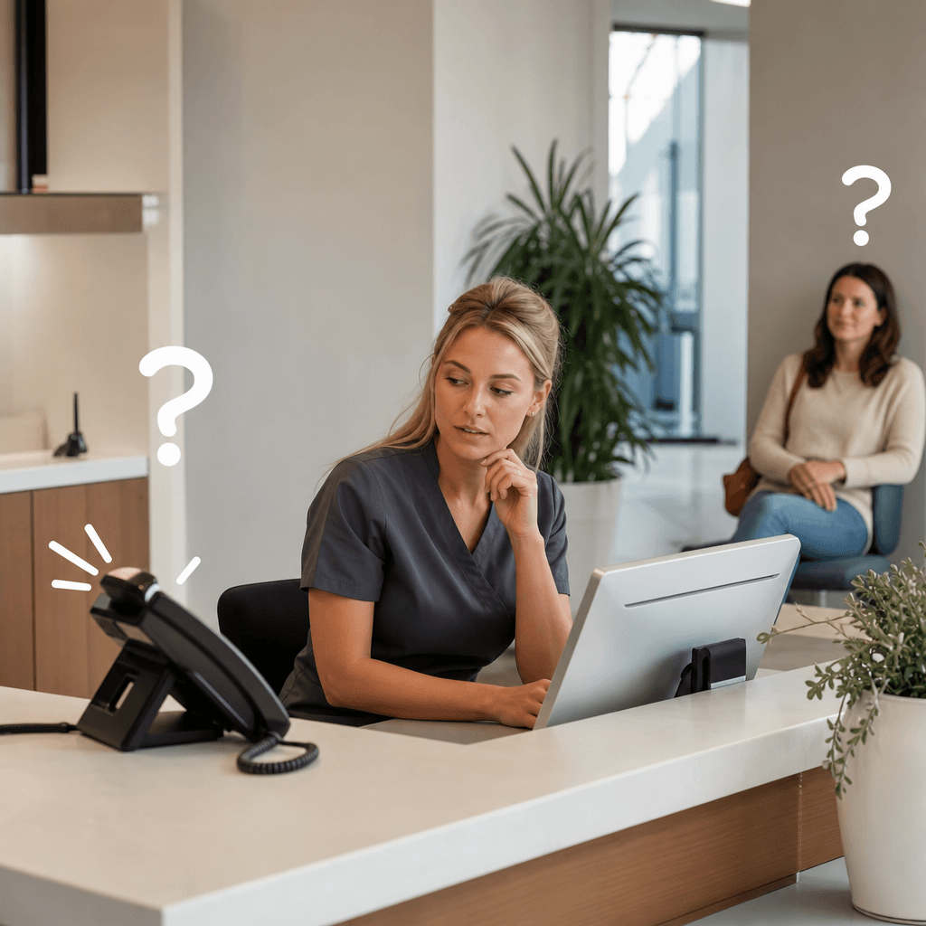 Illustratie van een baliemedewerker met links een rinkelende telefoon en rechts een wachtende patiënt, beide met een vraagteken erboven om het keuzedilemma te visualiseren