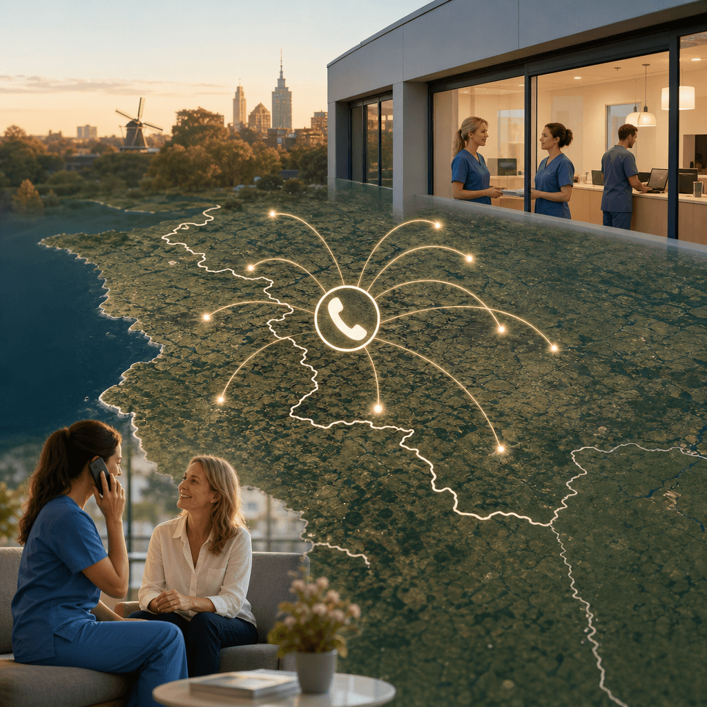 Kaart van de Belgisch-Nederlandse grensregio met pijlen die van België naar Nederlandse praktijken wijzen, met een telefoon-icoon als symbool voor bereikbaarheid