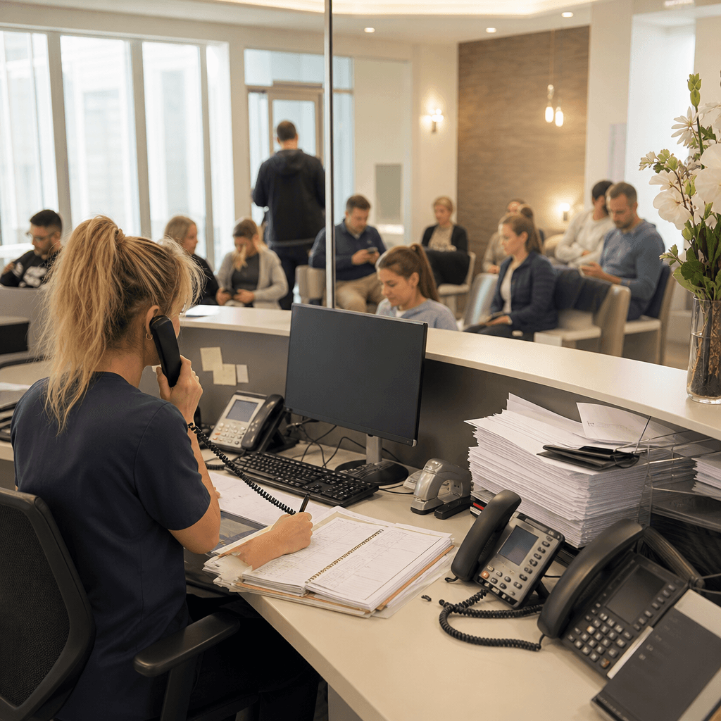 Illustratie van een baliemedewerker achter een bureau met meerdere telefoons, stapels papieren en een overvolle agenda, terwijl de wachtkamer vol zit met patiënten