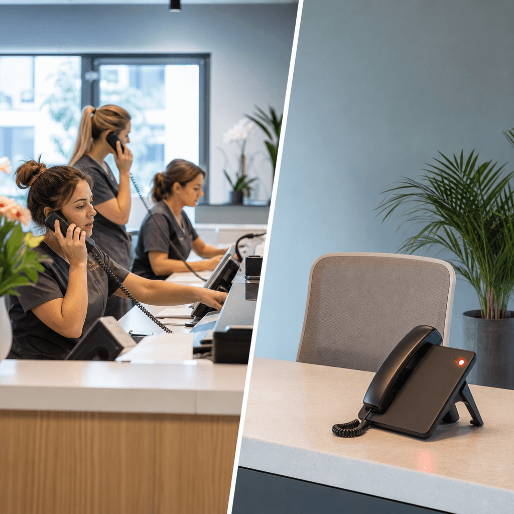 Split image showing a busy dental reception desk with ringing phones on one side and an empty chair with voicemail light blinking on the other