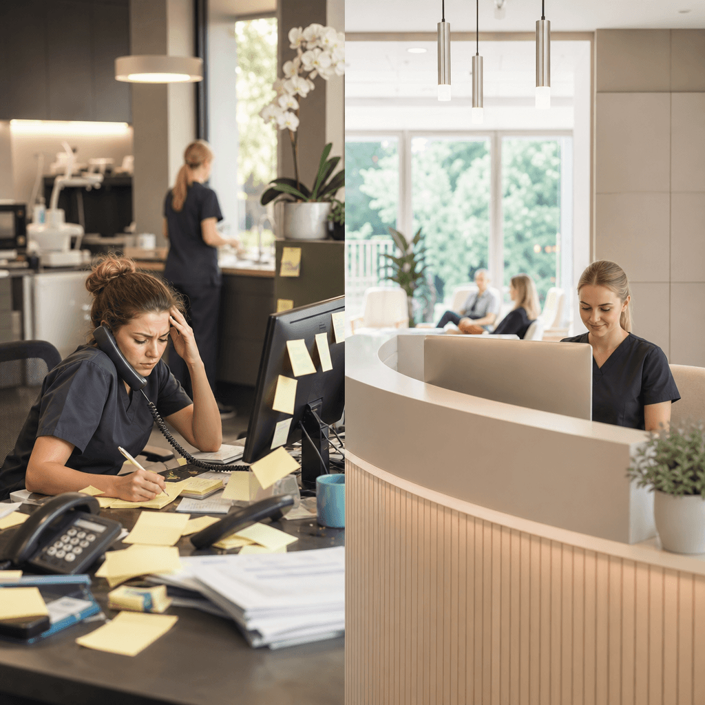 Split visual showing a chaotic desk with phone and sticky notes on one side versus a calm reception with automated confirmations flowing on screen
