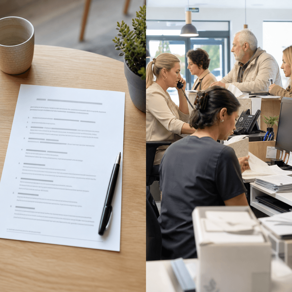 Split-screen illustration: left side shows a well-designed phone script document, right side shows a busy front desk with multiple patients, ringing phone, and insurance paperwork