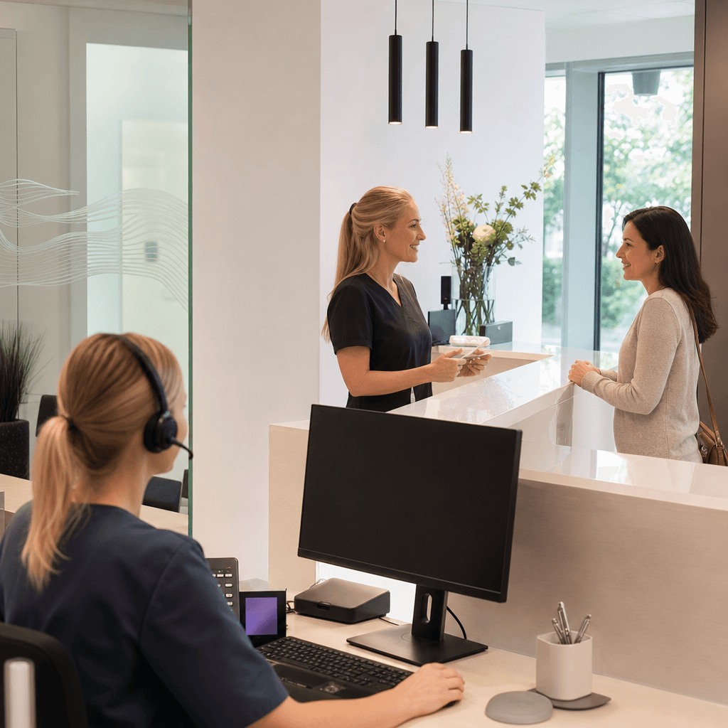 Bildschirmdarstellung einer KI-Telefonassistenz, die einen Anruf annimmt, während die Empfangsmitarbeiterin sich dem Patienten am Tresen widmet