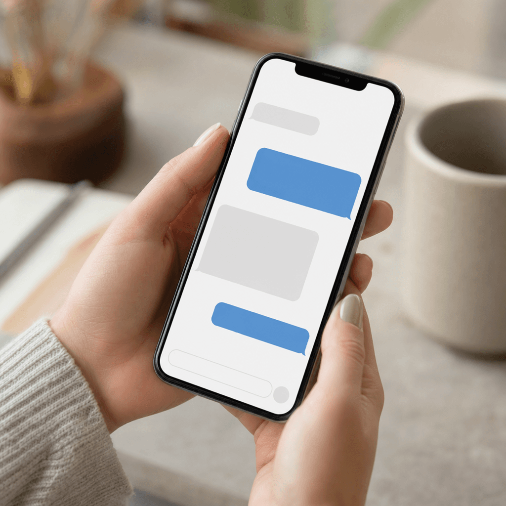Närbild på en mobilskärm som visar ett SMS med en tydlig kallelse: tid, datum och en mening om varför besöket är viktigt. Gärna med en bekräftelseknapp synlig.