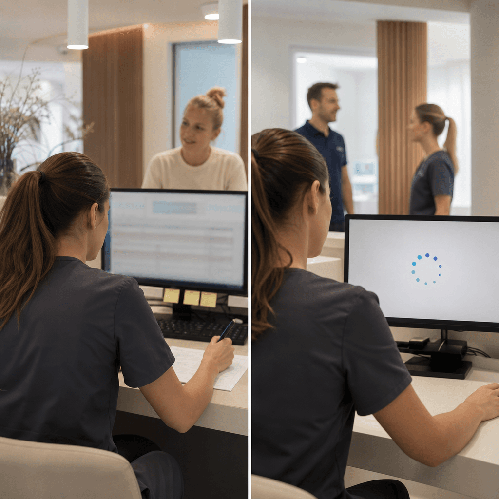 Split-Screen: Links manuelle Termineintragung am Empfang, rechts automatische Synchronisation zwischen KI-Telefonassistent und Dental-PVS auf dem Bildschirm
