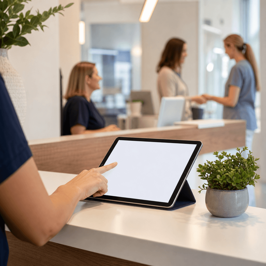 Einfache Vergleichstabelle auf einem Tablet, das auf einem Empfangstresen liegt, im Hintergrund unscharf eine Zahnarztpraxis-Rezeption