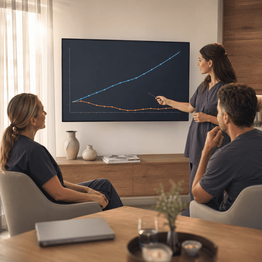 Graph showing patient value over time: X-axis shows months, Y-axis shows cumulative revenue, with two lines comparing retained patient vs. lost-after-one-visit patient