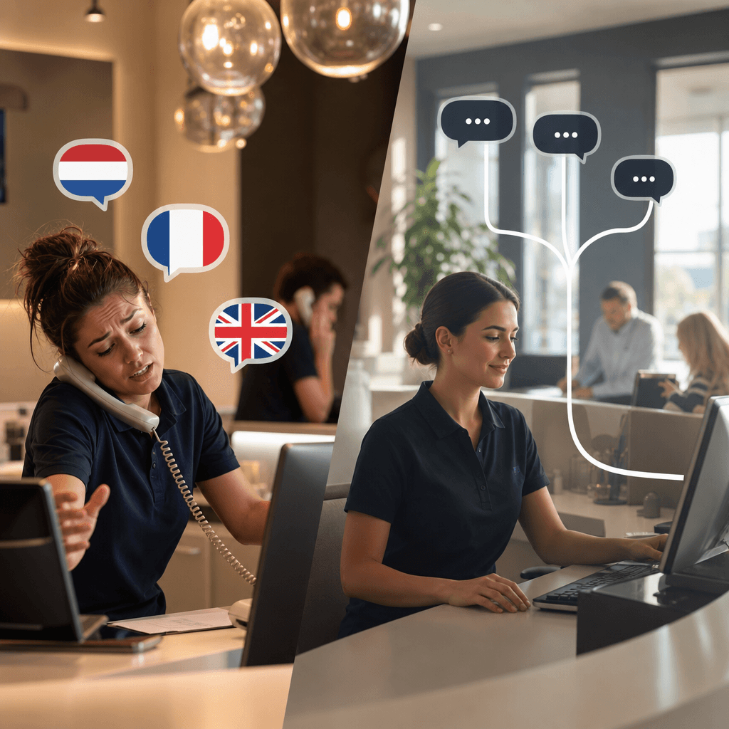 Split-screen illustration showing a stressed receptionist juggling phone calls with Dutch, French, and English speech bubbles versus a calm automated system routing messages in multiple languages simultaneously