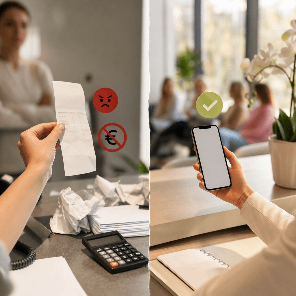 Vergelijkende visual: links 'reactief model' (factuur, boze emoji, doorgestreept euroteken), rechts 'preventief model' (telefoon met herinnering, vinkje, volle agenda)