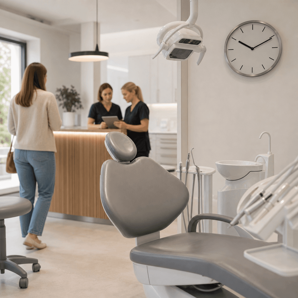 Leerer Behandlungsstuhl in einer modernen Zahnarztpraxis mit sichtbarer Uhr an der Wand, die verdeutlicht, dass ein Termin ungenutzt verstreicht