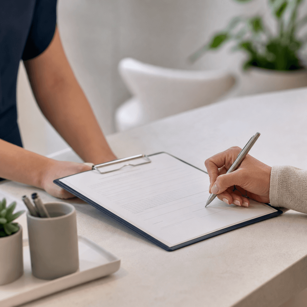 Nahaufnahme eines Anmeldebogens in einer Zahnarztpraxis, auf dem ein Patient eine Unterschrift leistet, daneben ein Kugelschreiber