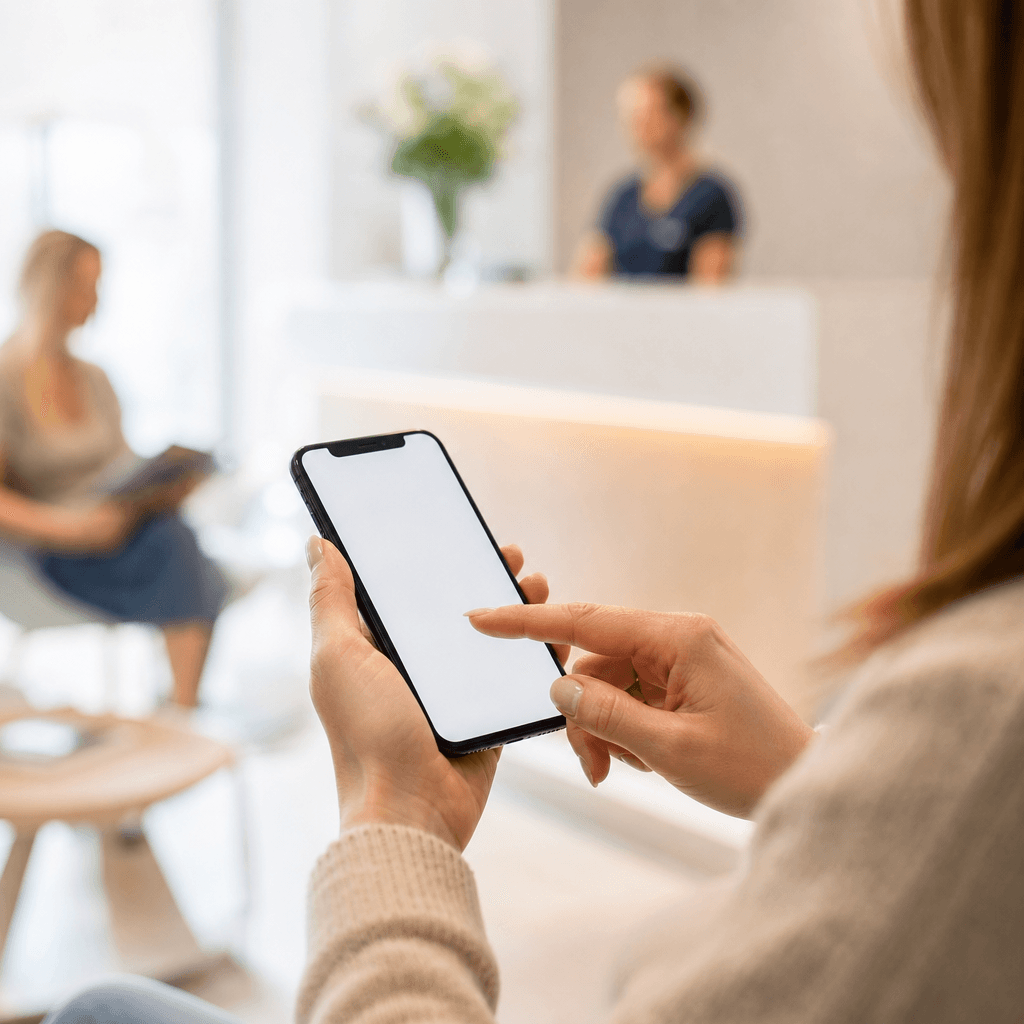 Mobiltelefon der viser en SMS-påmindelse fra tandklinik med bekræft-knap
