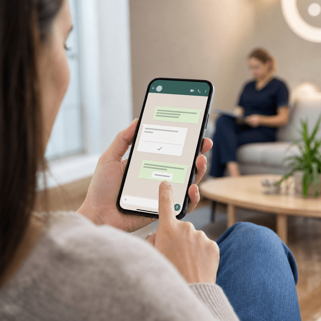 Mobilskärm som visar en WhatsApp-konversation mellan patient och tandklinik med en bokningsbekräftelse och svarsknapp