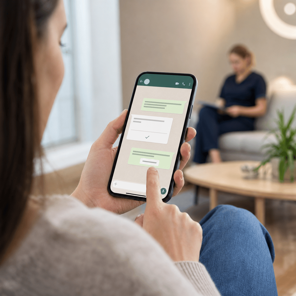 Mobilskärm som visar en WhatsApp-konversation mellan patient och tandklinik med en bokningsbekräftelse och svarsknapp