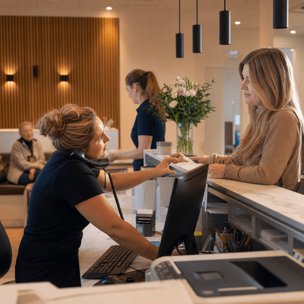 Realistische foto van een drukke balie in een tandartspraktijk: een medewerker die tegelijk een patiënt aan de balie helpt terwijl de telefoon rinkelt en het scherm vol afspraken staat