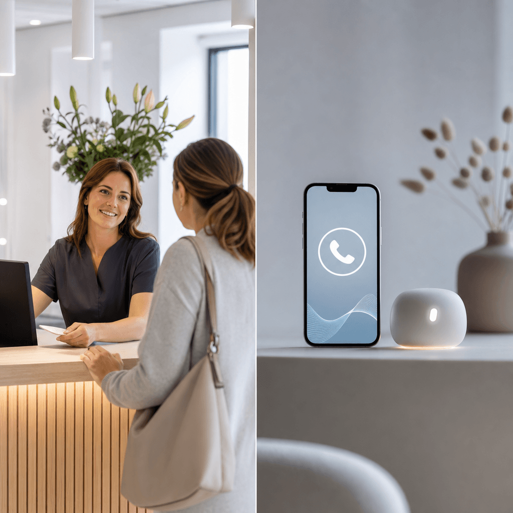 Split-screen visualisatie: links een baliemedewerker die rustig een patiënt helpt, rechts een telefoonpictogram met AI-interface die binnenkomende oproepen afhandelt