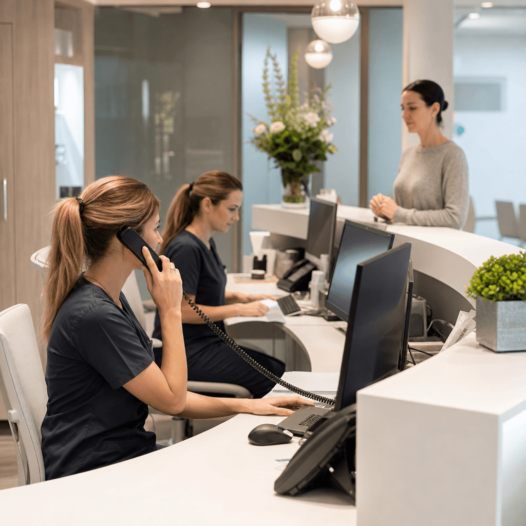 Empfangstresen einer Zahnarztpraxis mit Telefon, Bildschirm und wartendem Patienten, das Team wirkt konzentriert aber unter Zeitdruck
