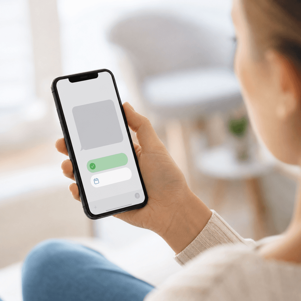 Smartphone-Display mit einer Terminerinnerungs-SMS einer Zahnarztpraxis, darunter Buttons für Bestätigen und Verschieben