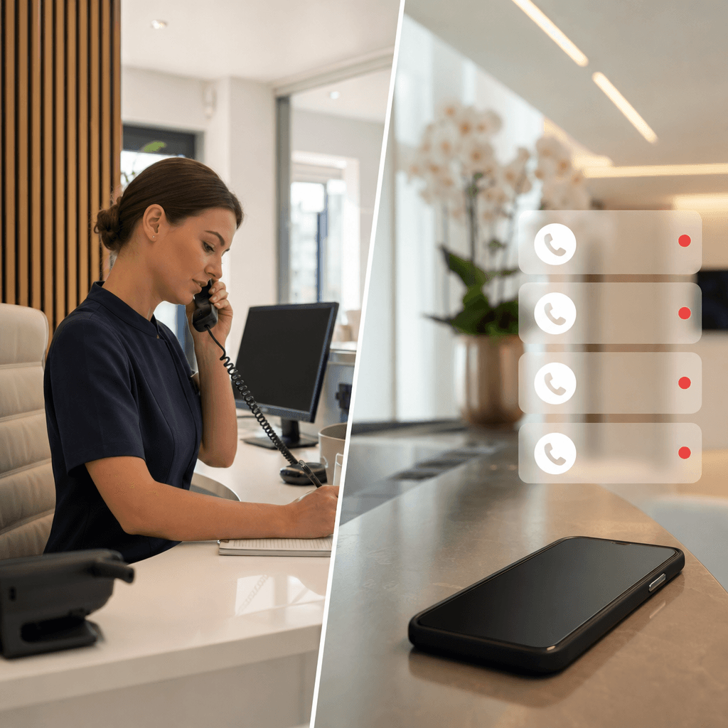 Split image showing a receptionist on the phone with a long list of patient names to call, contrasted with multiple incoming call notifications going unanswered