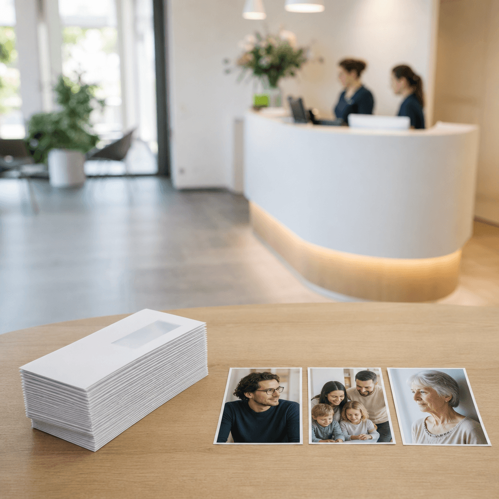 Een stapel identieke recall-brieven naast drie verschillende patiëntprofielen (jonge professional, gezin met kinderen, oudere patiënt) om het contrast tussen one-size-fits-all en diversiteit te visualiseren