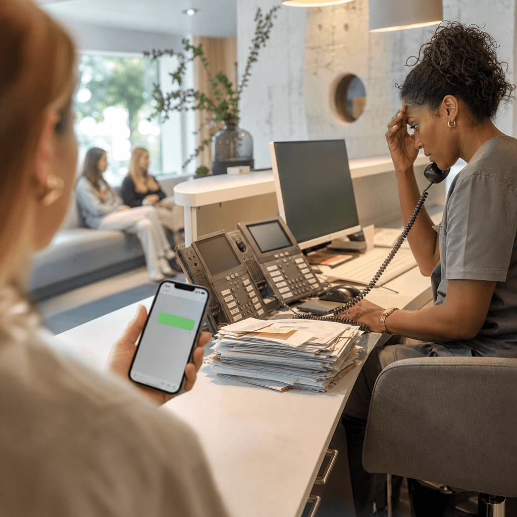 Een smartphone met een WhatsApp-bericht 'JA, ik wil een afspraak' en daarnaast een overbelaste balie met meerdere telefoons en een stapel onbeantwoorde notities