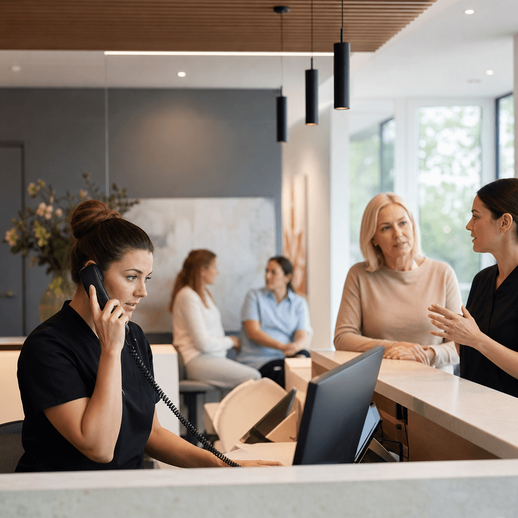 Drukke balie in een tandartspraktijk: receptioniste aan de telefoon terwijl patiënten wachten en collega's vragen stellen