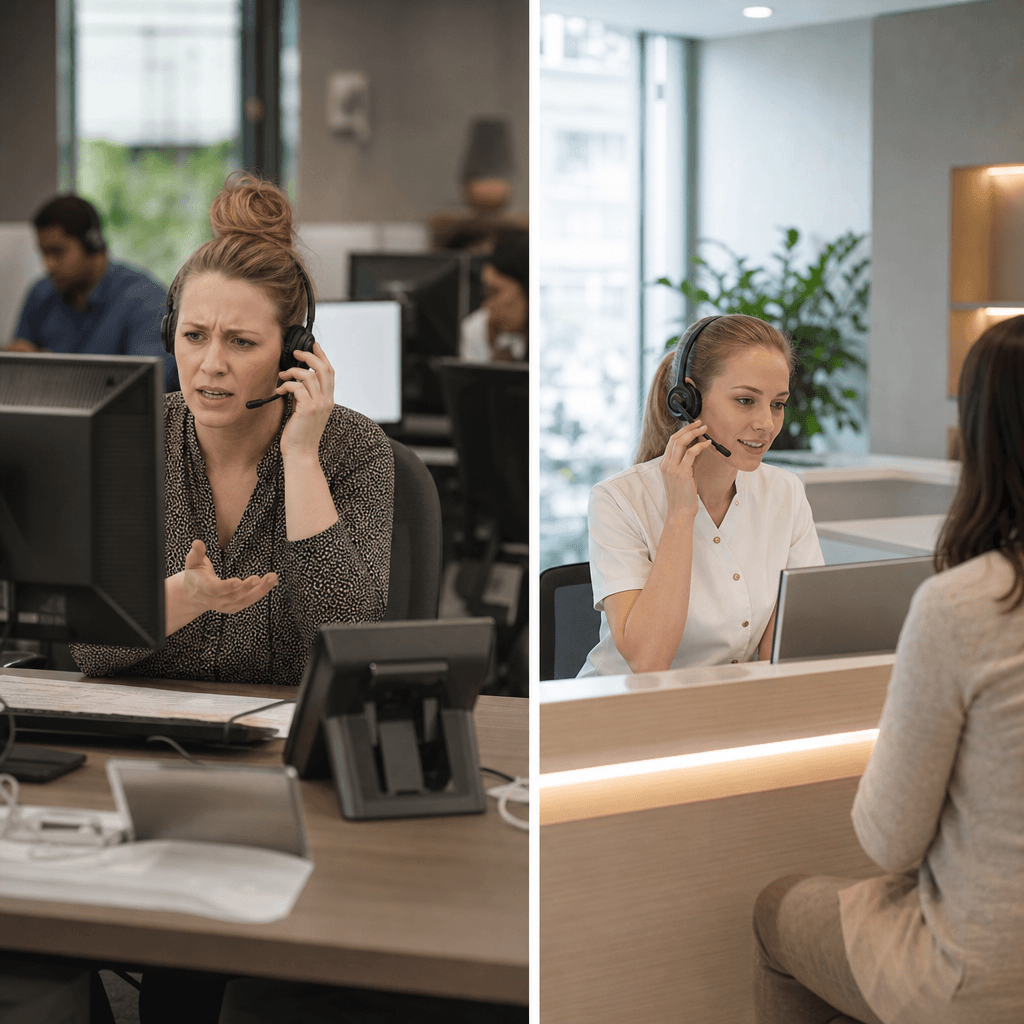 Illustratie van twee telefoonscenario's naast elkaar: links een generiek callcenter met verwarring, rechts een gespecialiseerde balie met duidelijke triage