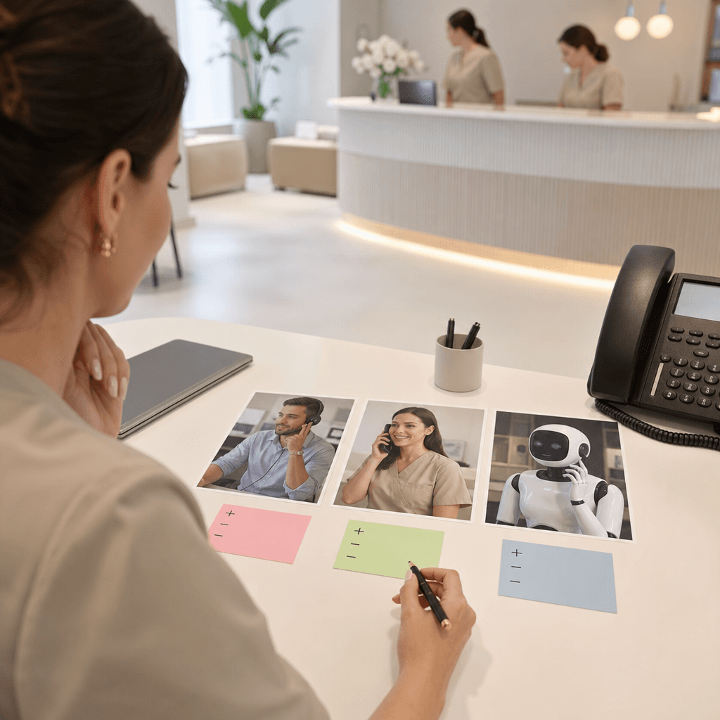 Schematische vergelijking van drie opties: generiek callcenter, gespecialiseerde balie-assistente, AI-receptioniste met voor- en nadelen