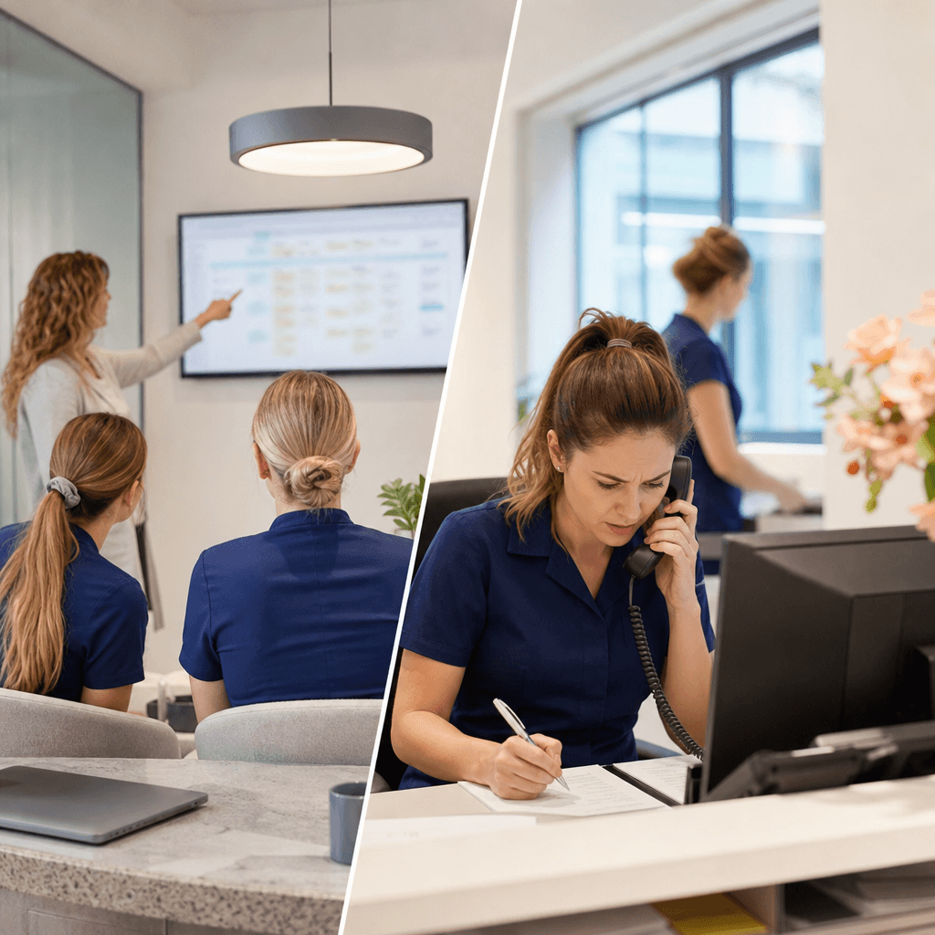 Illustratie van een gesplitst beeld: links een marketingpresentatie met 'naadloze integratie', rechts een baliemedewerker die gefrustreerd handmatig gegevens invoert terwijl de telefoon rinkelt