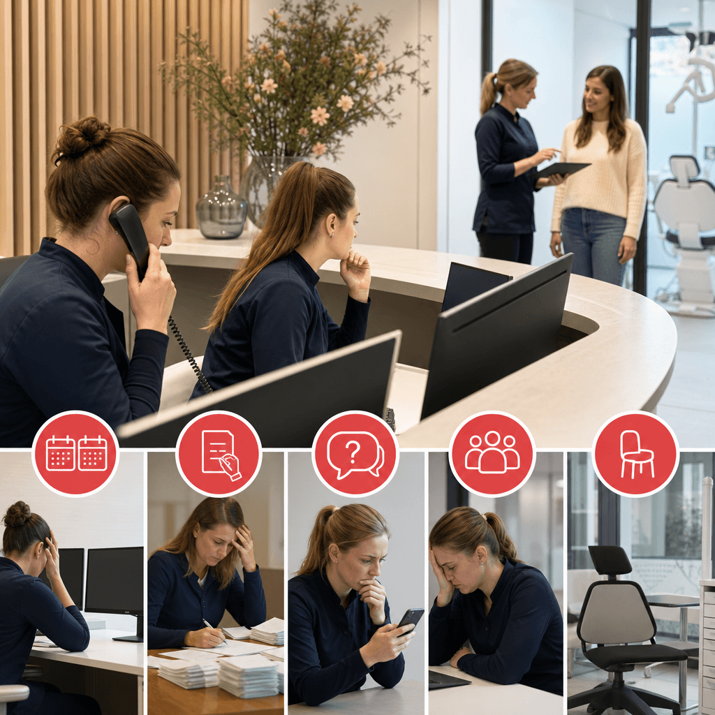 Checklist-infographic met de vijf symptomen als rode vlaggen, elk met een herkenbaar icoon (dubbele kalender, handmatige brief, WhatsApp met vraagteken, volle agenda, lege stoel)
