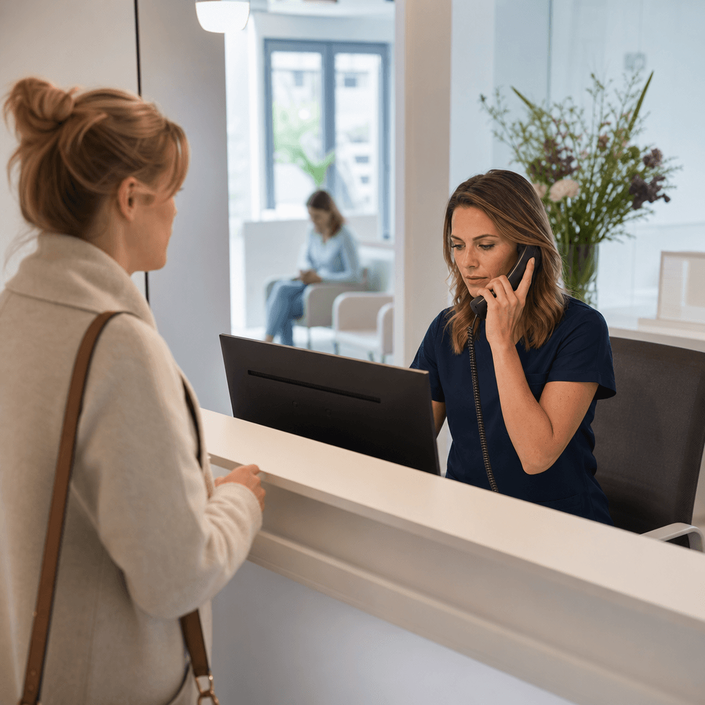 Foto van een drukke balie in een tandartspraktijk: een medewerker met telefoon aan het oor terwijl er een wachtende patiënt voor de balie staat en de agenda op het scherm vol afspraken toont