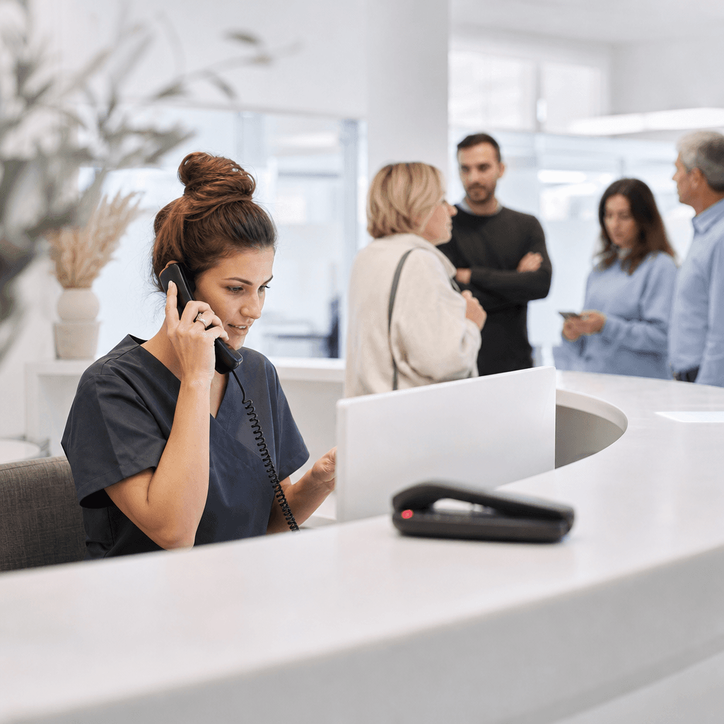 Empfangstresen einer Zahnarztpraxis in Stoßzeit: Rezeptionskraft am Telefon, wartende Patienten, klingelndes Zweittelefon im Hintergrund