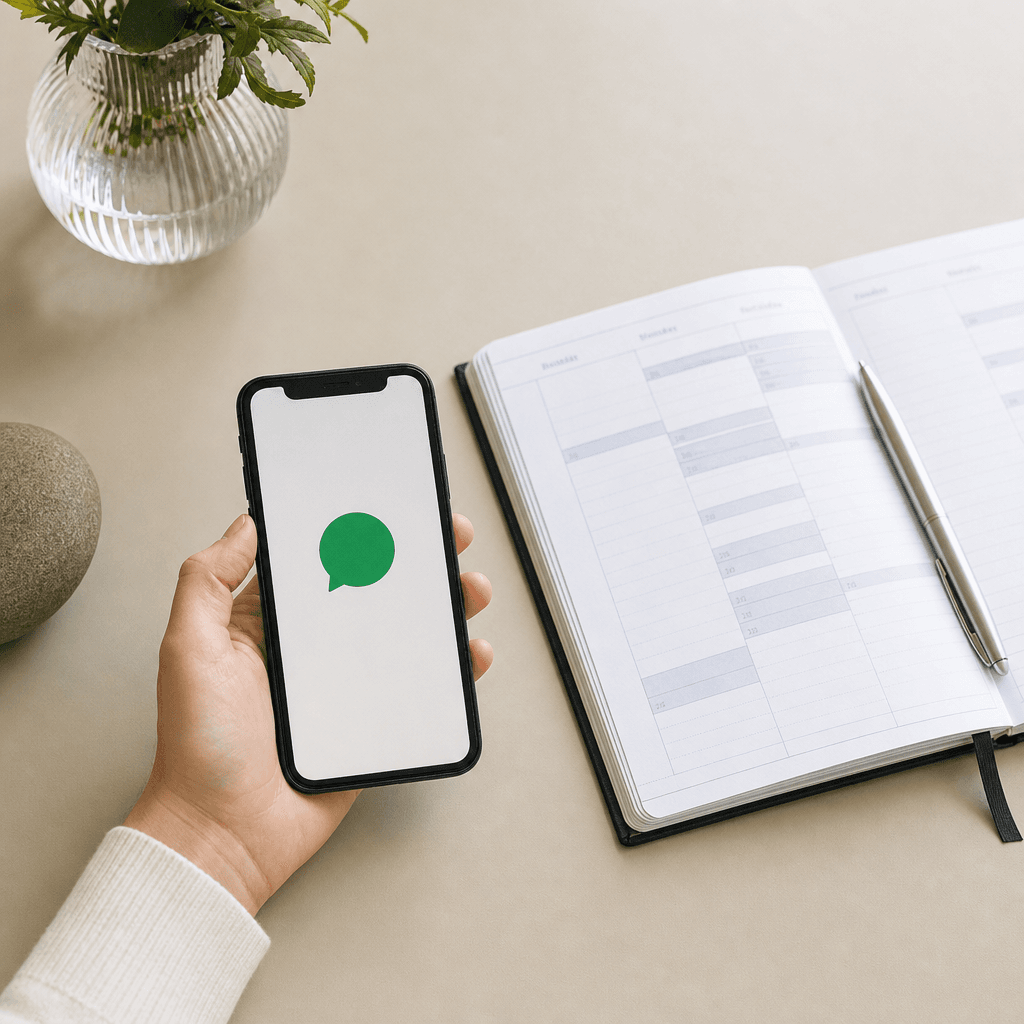 Smartphone-Display mit SMS-Terminerinnerung einer Zahnarztpraxis, daneben ein aufgeräumter Terminkalender ohne Lücken