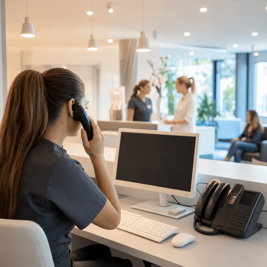 Travl tandklinikmodtagelse med receptionist ved telefonen, mens flere opkald venter på skærmen. Billedet viser den hektiske hverdag uden at være stressende.