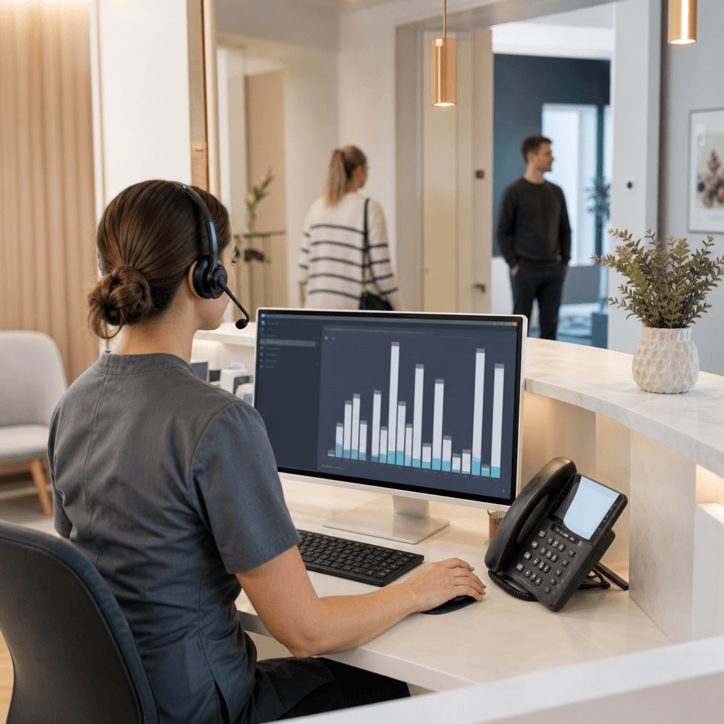 En receptionist vid tandklinikens disk med headset, en skärm visar samtalsstatistik i realtid med stapeldiagram över besvarade och missade samtal