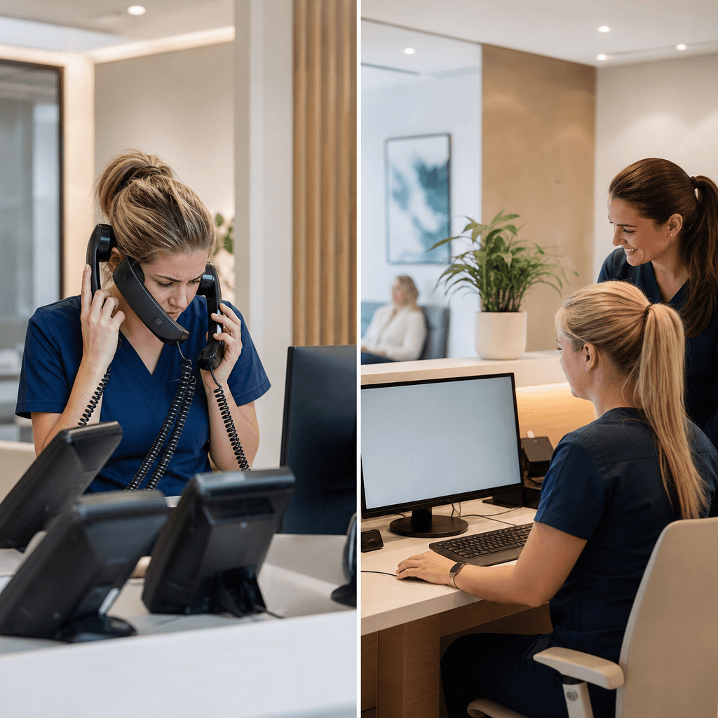 En delad bild: till vänster en stressad receptionist med flera telefonlinjer, till höger en lugn reception där en skärm visar automatiska påminnelser som skickas