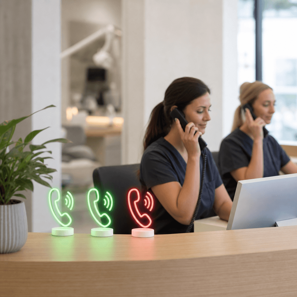 Illustration av en reception kl 08:00 med tre telefonikoner som ringer samtidigt, en markerad i rött som akut, de andra i grönt som hanteras automatiskt.