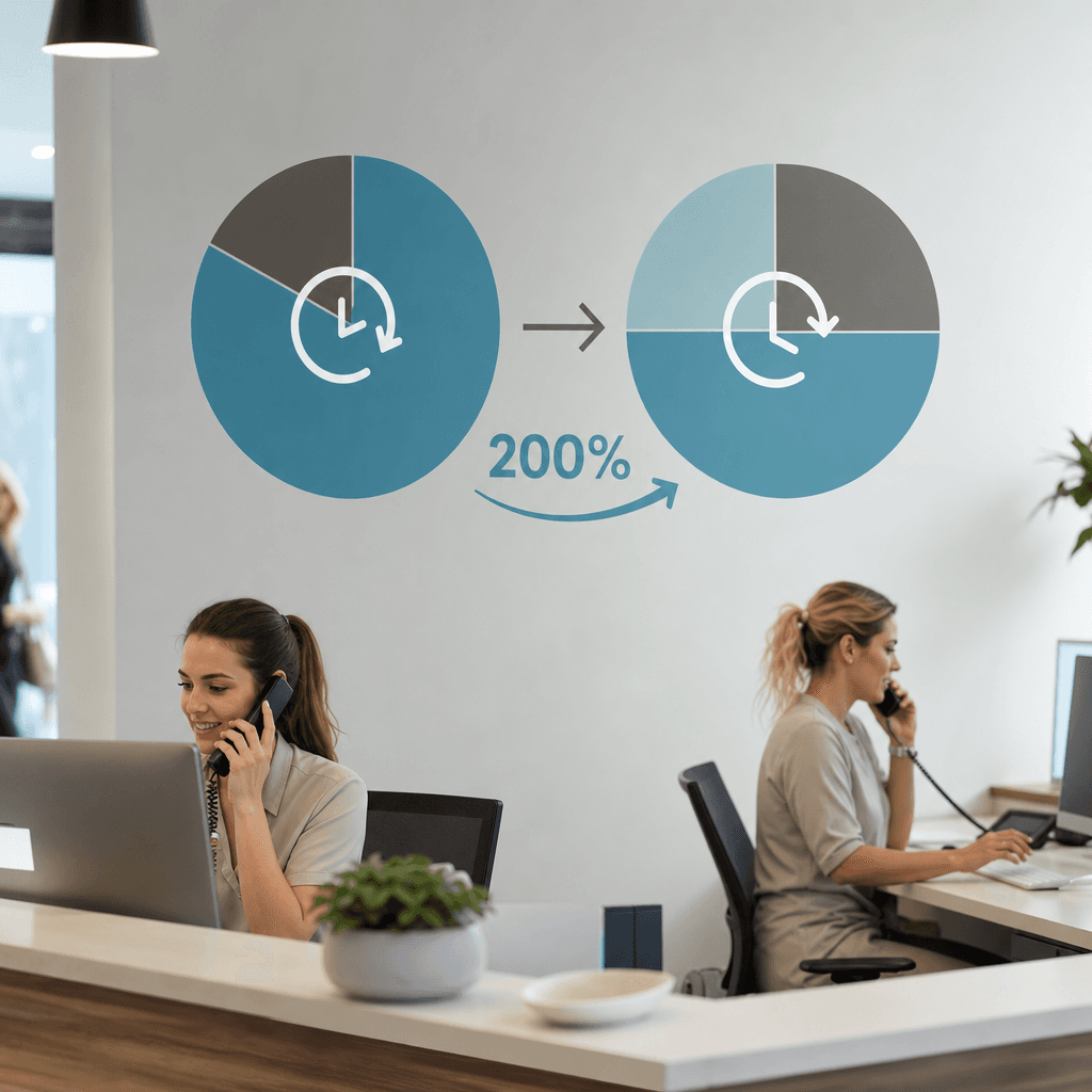 Infographic met twee taartdiagrammen naast elkaar: links 'Geschatte telefoontijd' (1 uur), rechts 'Werkelijke telefoontijd' (3 uur), met visuele weergave van de 200% onderschatting