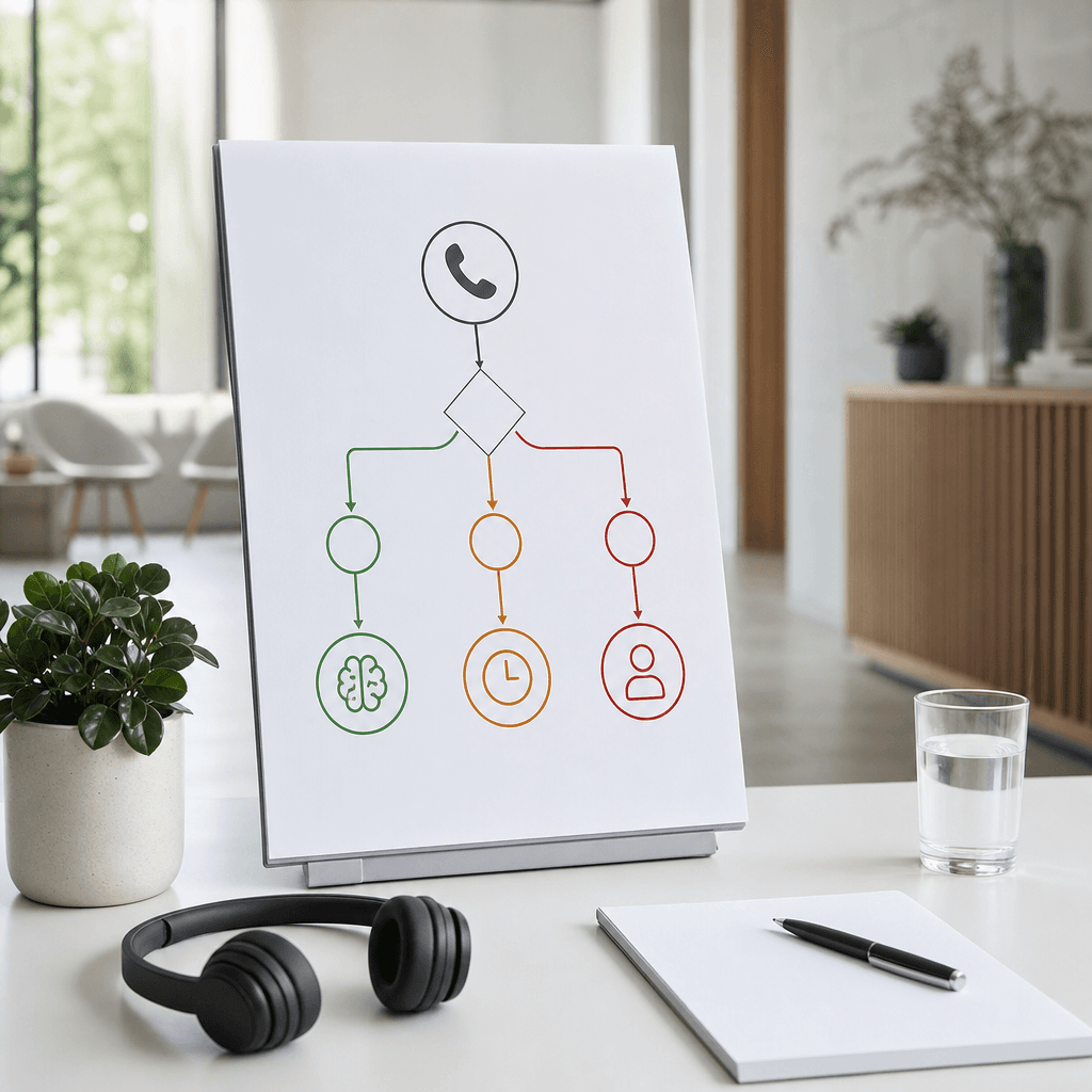 Flowchart beslisboom met drie vertakkingen: ROUTINE (groen, naar AI), TRIAGE (oranje, naar terugbellijst), URGENT (rood, naar direct doorschakelen)